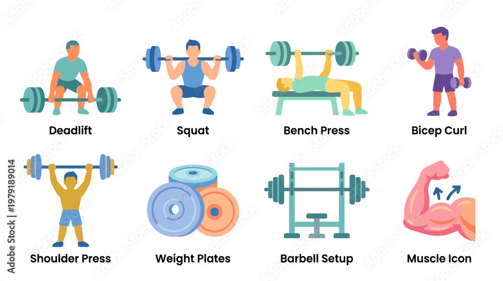 Fototapeta premium A vector set of people performing various gym exercises with weights and equipment in a fitness environment from a side viewpoint.