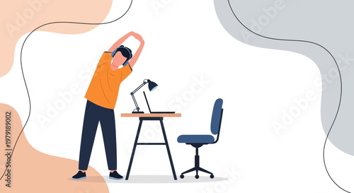 Man stretching at home office desk with laptop and headphones