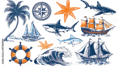 Nautical Theme Collection Sharks Ships and Tropical Elements.