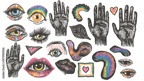 Mystical Eyes Hands Lips and Abstract Shapes Collection.