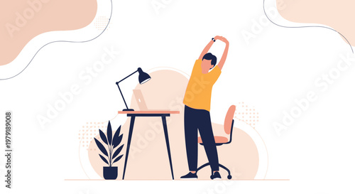 Man stretching at desk, work break, home office, healthy lifestyle, flat illustration