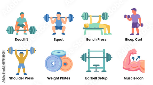 A vector set of people performing various gym exercises with weights and equipment in a fitness environment from a side viewpoint.
