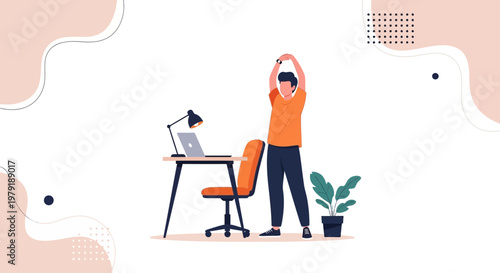 Man stretching at home office desk, work-life balance, remote work, healthy lifestyle
