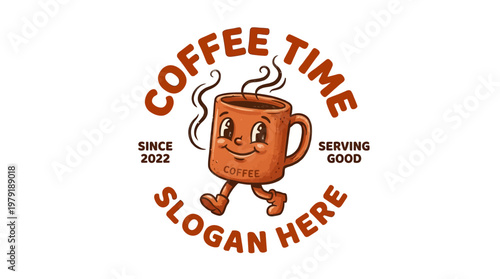 Cartoon coffee mug character with smiling face and steaming hot coffee