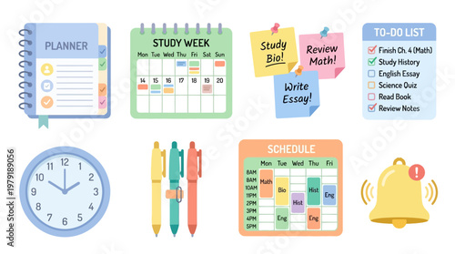 A colorful vector set of stationery items including a planner, calendar, clock, pens, and schedule stickers on a clean white background.