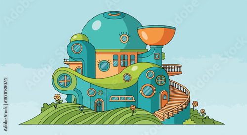 Fantasy house with green hills.