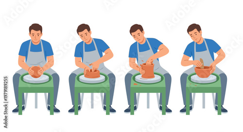 Potter creating clay vessels in a sequential illustration