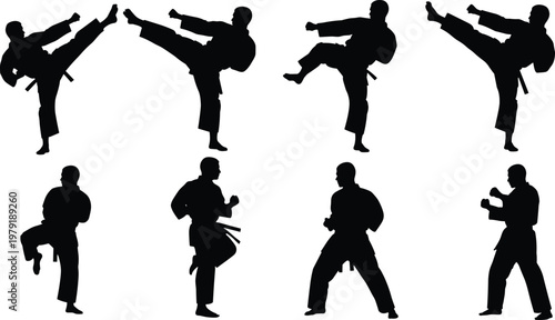 Karate martial arts silhouette collection with fighters performing kicks and combat poses isolated vector set for sport training design and action illustration