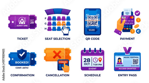 Vector set of various colorful travel and event icons including ticket, seat selection, QR code, and schedule on a mobile device for transportation and leisure activities.