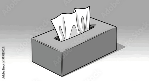 Illustration of a rectangular tissue box with tissues pulled out, depicted in a simple line art style with grey shading on a neutral background