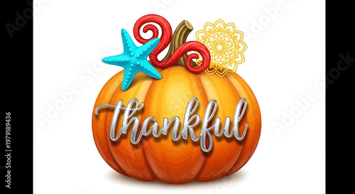 Thankful typography with pumpkin, starfish, red swirls and mandala decoration