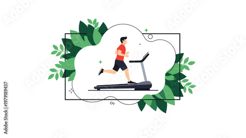 Young man running on a treadmill for cardio fitness exercise against a decorative background of green leaves and abstract shapes.