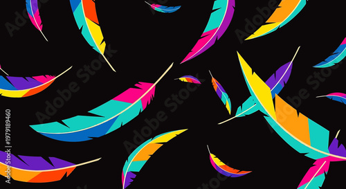 Colorful feathers pattern on, vibrant abstract design with multicolored plumage elements for creative projects and artistic wallpapers