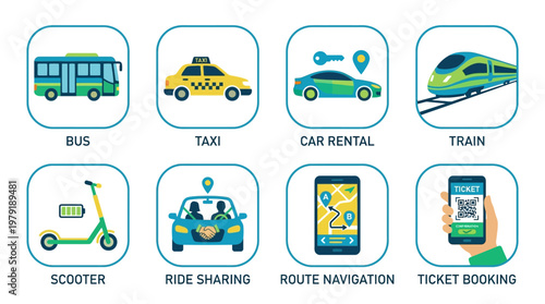 Vector set of various transportation icons including bus, taxi, car rental, train, scooter, ride sharing, route navigation, and ticket booking services for travel and commute.