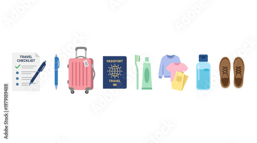 Vector set of travel essentials including luggage and toiletries on a checklist background for packing.