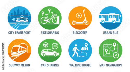Vector set of urban transportation icons for city travel and commuting options including bike sharing and e-scooter