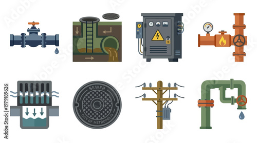 Industrial vector set depicting various infrastructure and mechanical components in a comprehensive visual representation.