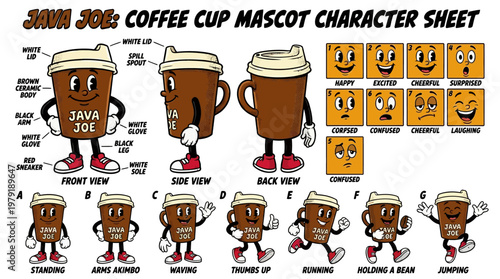 Java Joe Coffee Cup Mascot Character Sheet Various Poses