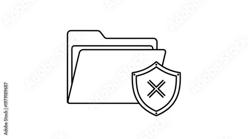 Simple black and white line art illustration of a computer folder icon protected by a secure shield featuring a cross mark for data.