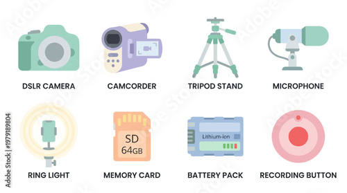 A vector set of various recording equipment and accessories for photography and videography on a clean surface