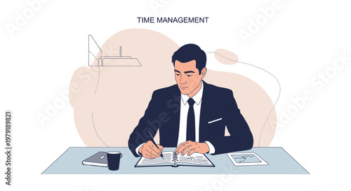 Businessman working at desk, writing in planner, time management concept