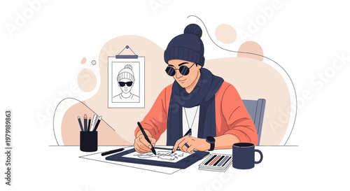 Artist drawing on tablet, creative workspace, digital art, illustration, modern artist