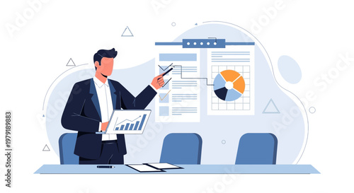 Business man presenting financial report with charts and graphs in meeting room