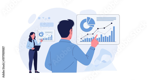 Business analytics presentation with charts and graphs, team analyzing data