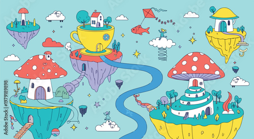Fantasy mushroom houses in air.