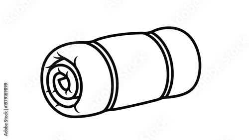 Rolled up sleeping bag or camping blanket shown in a minimalist black and white line art style for outdoor adventure and travel gear.