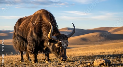 Golden light bathes a woolly yak in open grassland