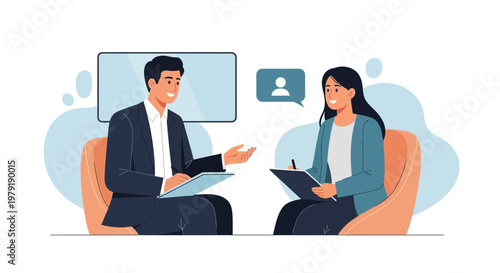 Business meeting: man and woman discussing work in office, online communication concept