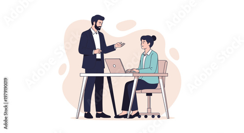 Business meeting: man explaining to woman at laptop, office setting, modern flat illustration