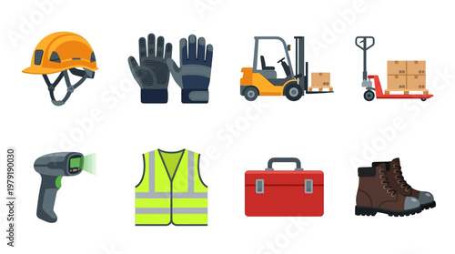 A comprehensive vector set of construction site equipment and safety gear including a helmet, gloves, forklift, pallet jack, drill, vest, toolbox, and boots.