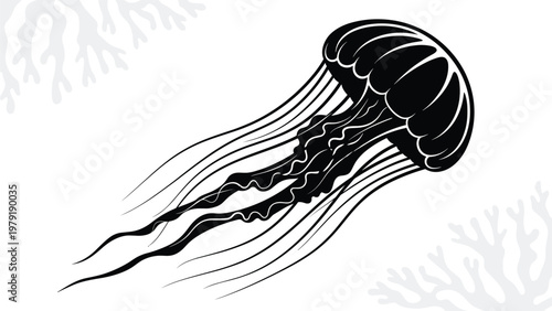 Black silhouette of a jellyfish swimming gracefully with trailing tentacles against a grey background featuring delicate coral patterns.