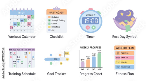 Fitness vector set with colorful workout calendar, checklist, timer, rest day symbol, training schedule, goal tracker, progress chart, and fitness plan icons for healthy lifestyle