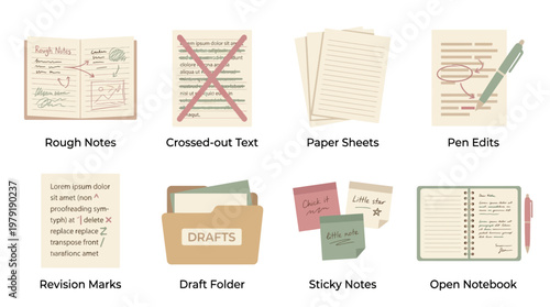 Vector set of office stationery items including paper sheets with revision marks and pen edits.