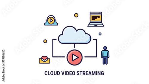 Cloud video streaming infographic displaying various digital icons for online media consumption and file sharing in a modern flat design.