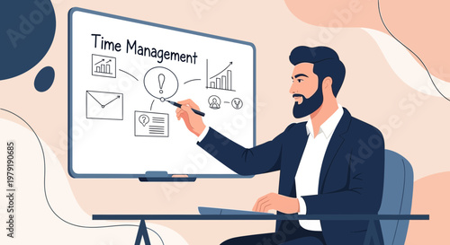 Businessman presenting Time Management strategy with whiteboard diagrams and icons