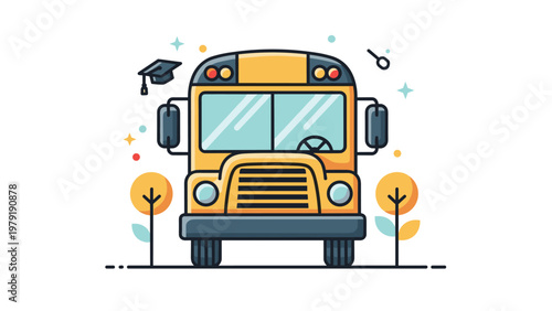 Bright yellow school bus illustration surrounded by floating icons like a graduation cap and leaves representing student transportation.