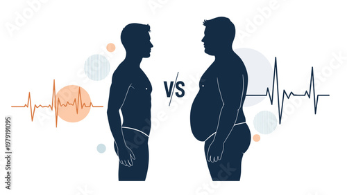 Silhouette comparison of a fit athletic man and an overweight man with different heart rate monitoring lines for health and fitness.