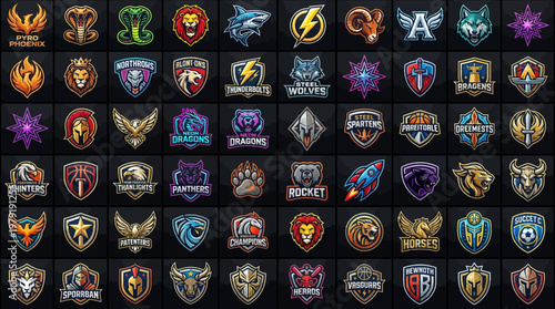 Collection of colorful logos and shields with various animals and fantasy designs