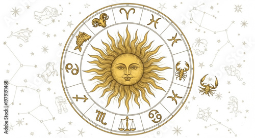 Astrology Zodiac Wheel with Sun and Constellations.