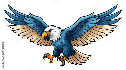 cartoon eagle with blue and brown wings spread wide