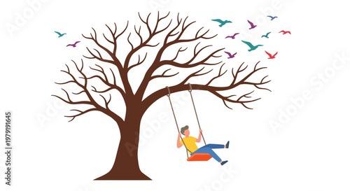 A person on a swing hangs from the branches of a bare tree