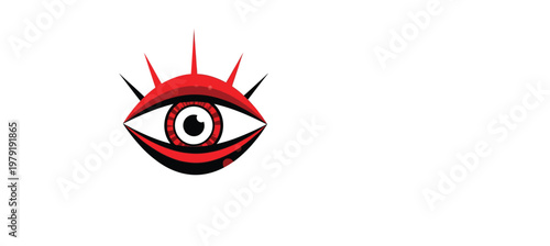 Stylized red eye with spiked eyelashes on white background
