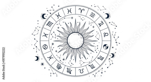 Astrology Zodiac Wheel Celestial Symbols and Sun Illustration.