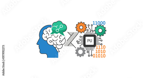 Brain connects to computer chip with gears and code flowing between