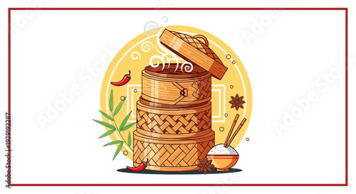 Asian Food Steamer Basket with Rice, Chili, and Bamboo Illustration