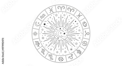 Astrology Zodiac Wheel Celestial Symbols Sun Rays.